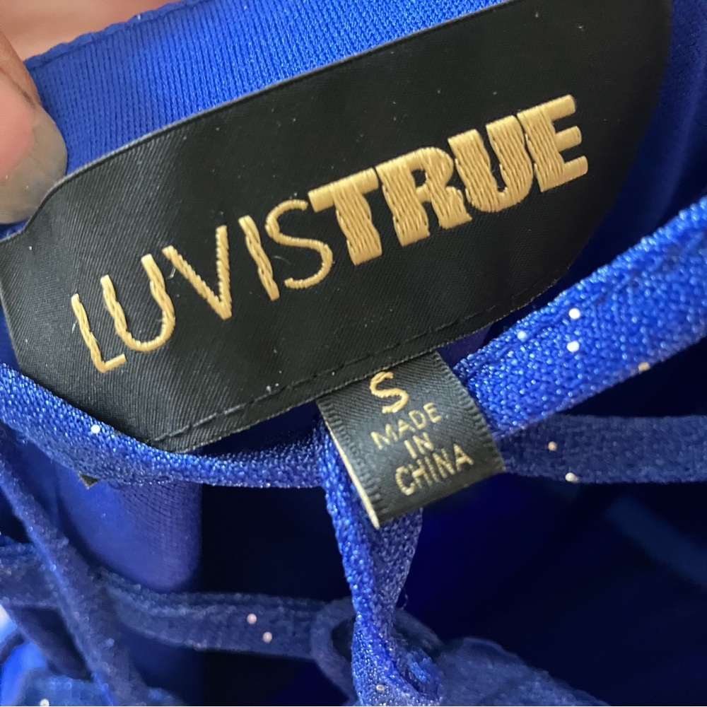 Royal Blue Spaghetti Strap Formal Floor Length Slit Corset Back Dress - Picture 7 of 8